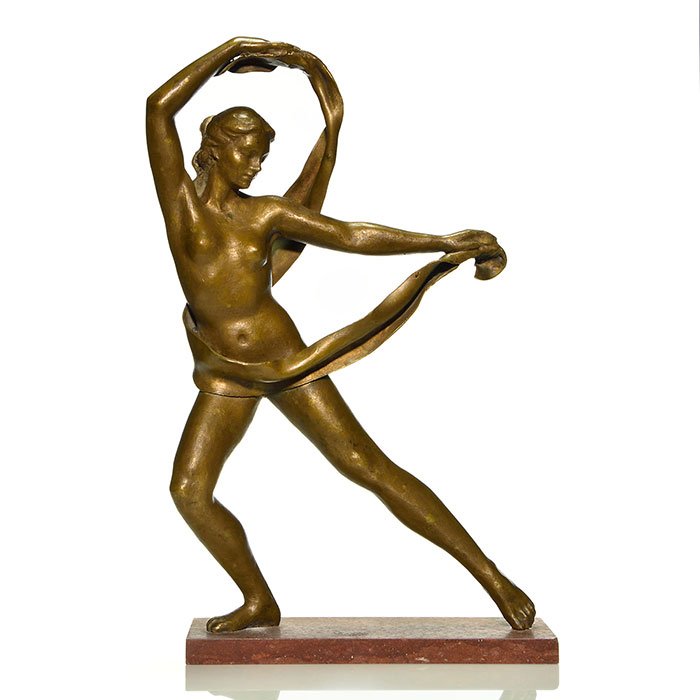 Nude Female Scarf Dancer bronze, marble base, 21 1/2": Nude female scarf dancer, a bronze statuary mounted upon a red marble base. Height 21 1/2 inches. Marble base measures 12 1/4 inches long by 4 3/4 inches wide. An artist signature is on the scarf, how