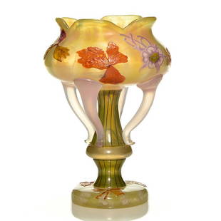 Galle Marqueterie-sur-Verre compote, 9", signed: Galle Marqueterie-sur-Verre compote from the Bernice and Henry Blount collection with lavender columbine flowers and amber & tan foliage flecked with foil inclusions that drift the flower form bowl ci