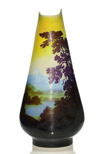 Monumental Galle' cameo scenic, 26 1/2", 5 color: Monumental Galle vase, a magnificent scenic vista in five color cameo. Featured is a mature foliaged tree towering above a pristine valley, a sizable lake within, enclosed by foothills, trees and snow