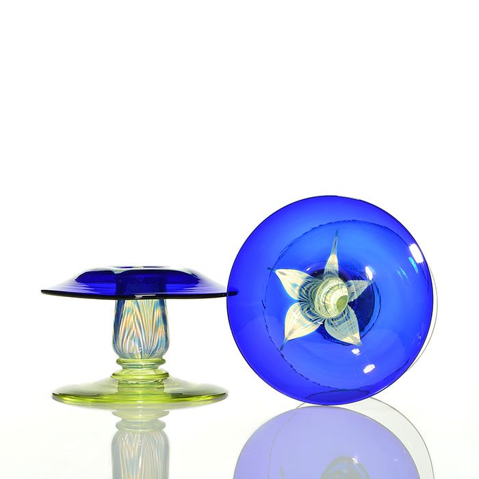 Pair blue Durand pulled feather candleholders, 3" (1 of 1)