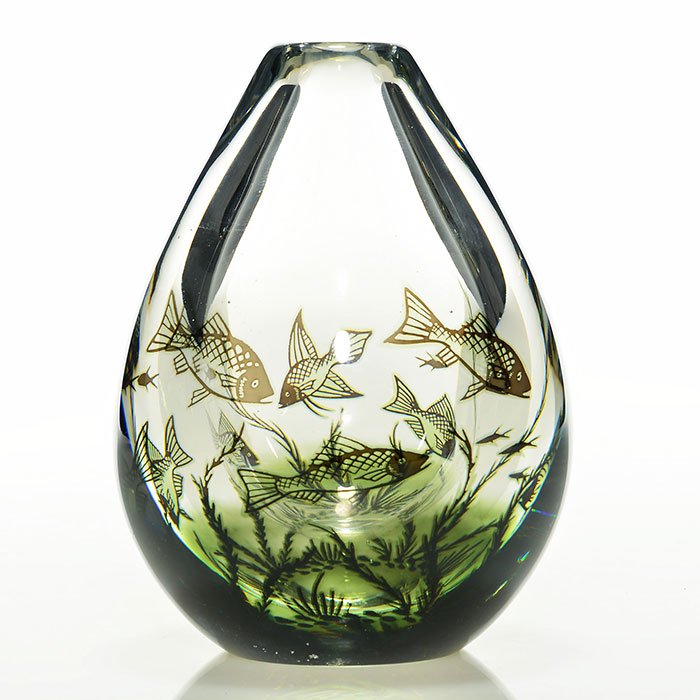 Orrefors Graal vase, fish, E. Hald, 6 1/2" (1 of 1)