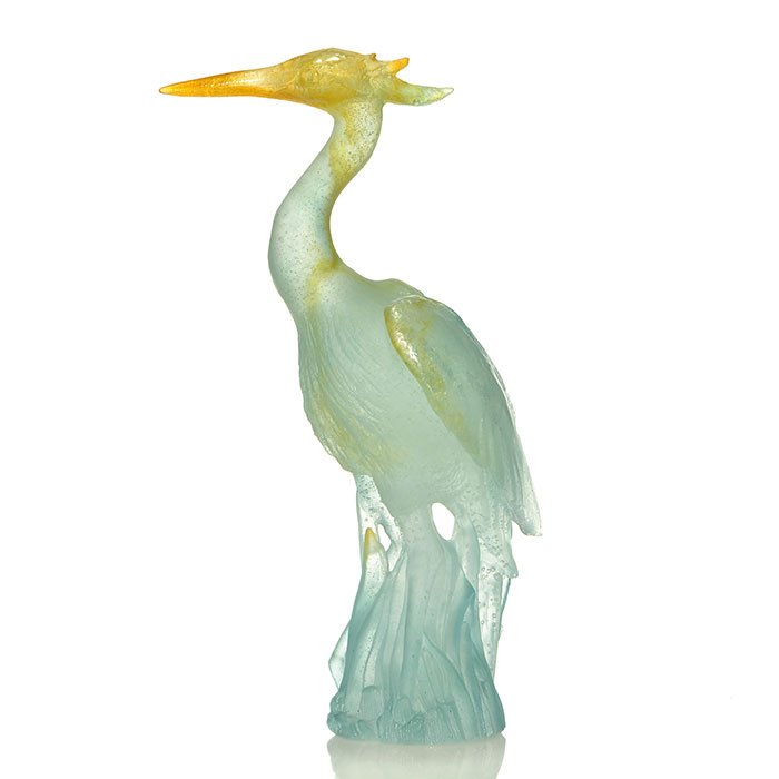 Daum pate-de-verre Heron figure, 9 3/4", signed: Daum pate-de-verre Great Heron in the rushes figurine in amber and palest aqua. Height 9 3/4 inches. Engraved "Daum France" beneath. Well detailed and in excellent condition.