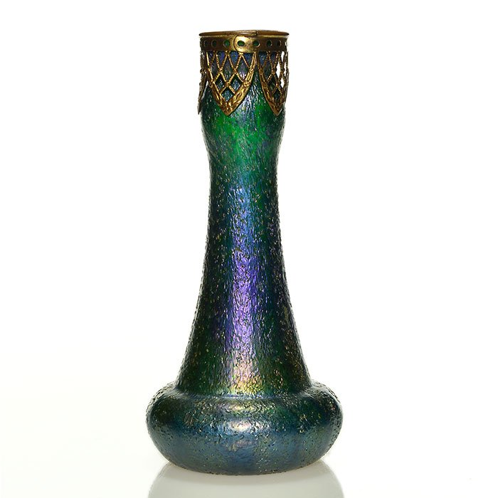 Kralik attributed overshot glass vase, metal trim, 8" (1 of 1)