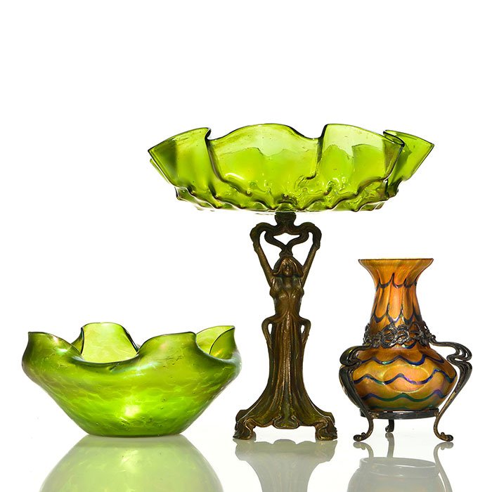 3 Bohemian: 2 Loetz +Kralik in metal frame, 9 3/4" (1 of 1)