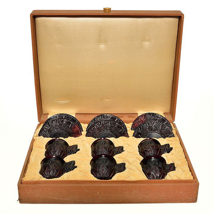 Set Heinrich Hoffman stone glass cups saucers 2 1/4" (1 of 2)