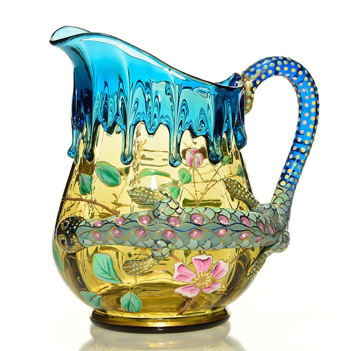 Moser Salamander pitcher, blue, yellow, 7 1/4" (1 of 1)
