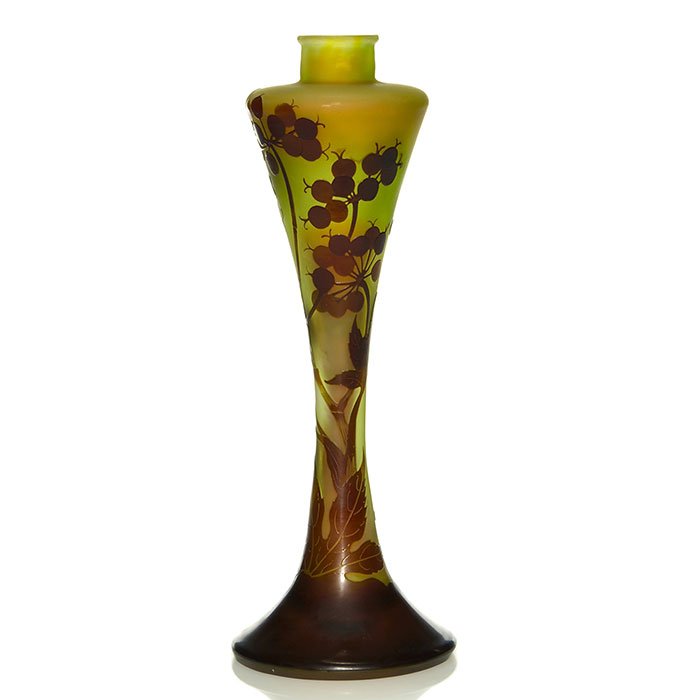 Galle' cameo vase, honesty plant, seeds, 11 5/8": Tall and slender Galle vase displaying seed capsules atop tall leaf stalks with a spew of seed capsules airborne done in dark brown and set over olive green. Height 11 5/8 inches. Crisp cameo signatur