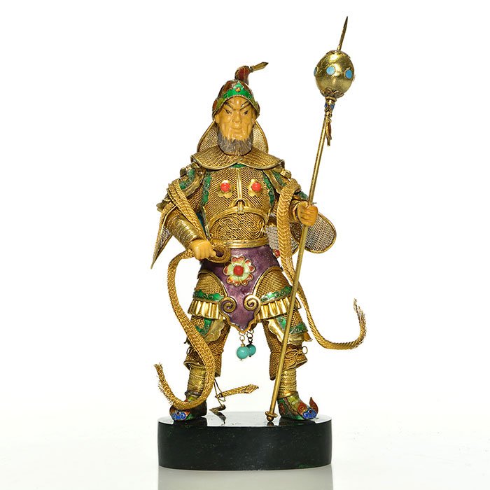 Limited Edition SuHai Warrior, ca1990s, 6 1/4": Limited Edition SHai Chinese sterling Warrior wearing an elaborate meshed armored garment accompanied with sword, orb staff and serpentine rope. Tediously embellished with colorful enamel, gold wash, 