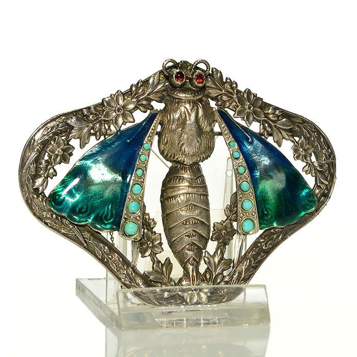 Silver Moth brooch, enamel, ruby eyes, 2 5/8X3 1/2" (1 of 1)