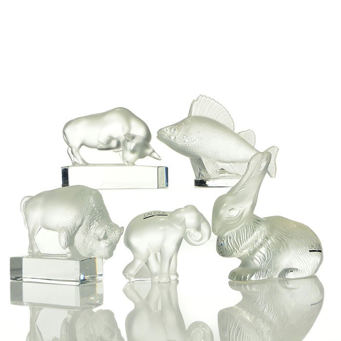 5 Lalique paperweights:Bison, Bull, Carp, Elephant (1 of 1)