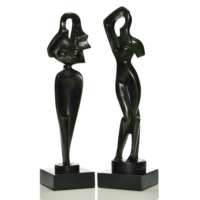 2 modern Archipenko nude bronzes, 15", marked: Two newer Alexander Archipenko, Russian-Ukrainian bronze statuary, abstract and modern nudes on black marble bases. Dating from the 1990s, the abstract figures rises 15 inches and are marked "Archipen
