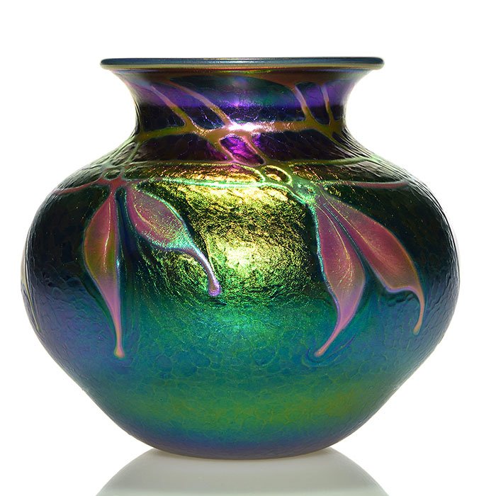 Charles Lotton iridescent drop leaf vase, 7", 2001 (1 of 1)