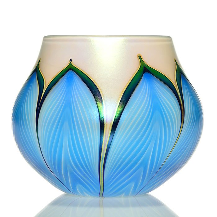 Early C. Lotton vase, blue feathers, 5 1/2", 1986 (1 of 1)