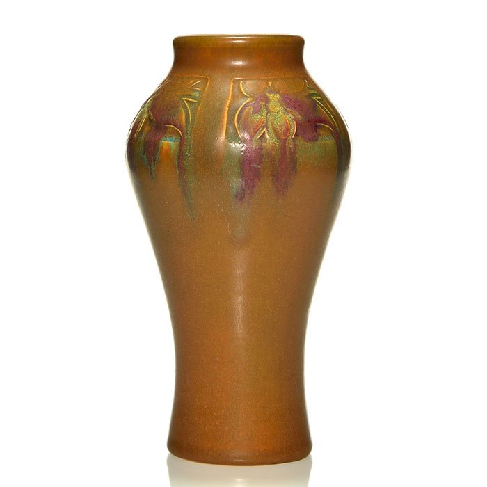 Rookwood Ombroso vase, Todd, 1915,909C, 9 1/4": Vase with carved floral decoration and covered with the Ombroso glaze done by Charles Todd in 1915. Marks include the Rookwood logo, date, shape 909 C and Mr. Todd's incised initials. Excellent origin