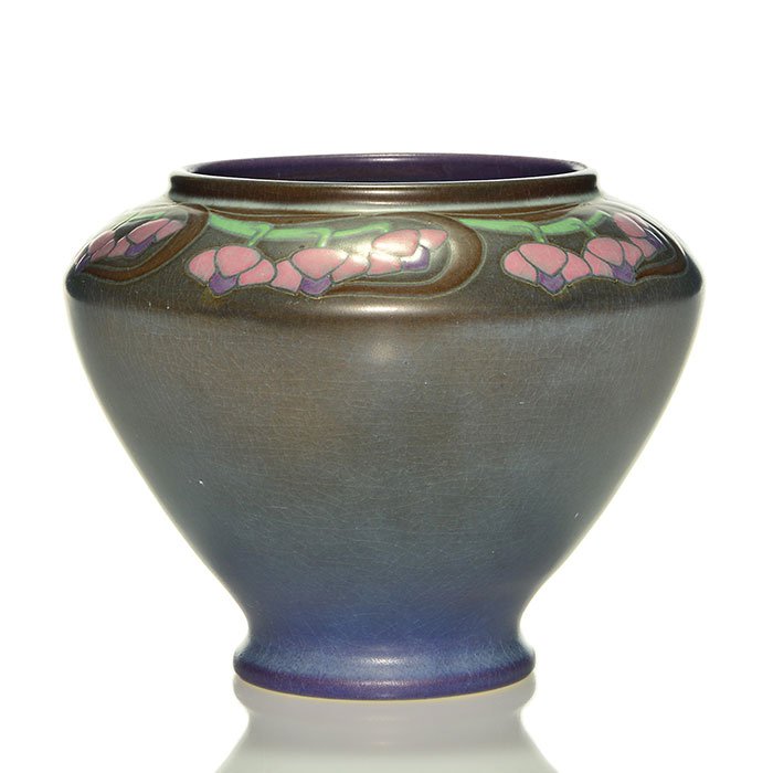 Rookwood incised Vellum floral, Sax, 1915, 5 3/4": Vellum glaze vase with incised and painted floral decoration at the shoulder, the work of Sara Sax in 1915. Marks include the Rookwood logo, date, shape 1848, an incised V, an impressed V for Vellum a