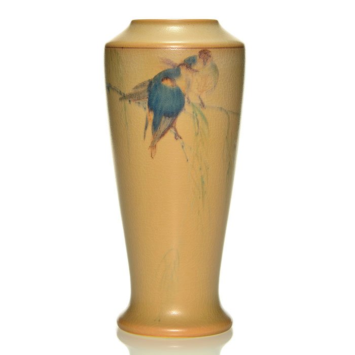 Rookwood Vellum, birds on branch, CJM, 1915, 9": Vellum glaze vase decorated with a trio of birds perched on a branch, the work of Charles J. McLaughlin in 1915. Marks include the Rookwood logo, date, shape 1356 D, an impressed V for Vellum and the 