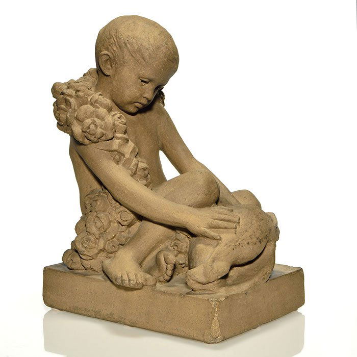 Rookwood Architectural figure, Barnhorn, 1914, 20": Rookwood Architectural Faience figure of a small boy wearing a garland of flowers over his shoulder while looking at a conch shell. Designed by noted sculptor, Clement Barnhorn, the figure bears his m