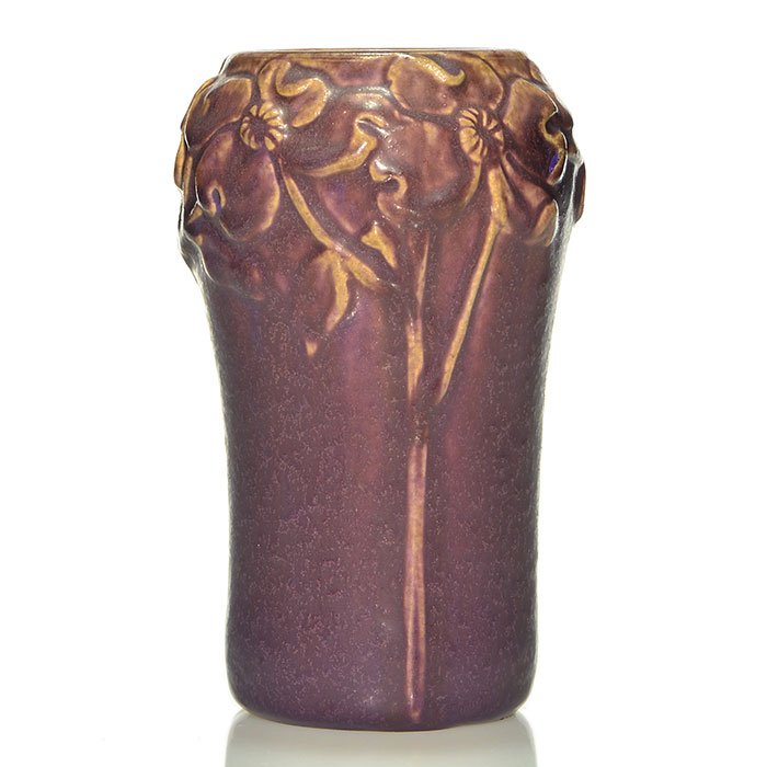 Rookwood mat glaze vase, dogwood, 1914, 1370, 7": Production vase with molded dogwood design, cast in 1914 and covered with a gloopy purple mat glaze. Marks include the Rookwood logo, date and shape 1370. Excellent original condition. Height is 7 inc