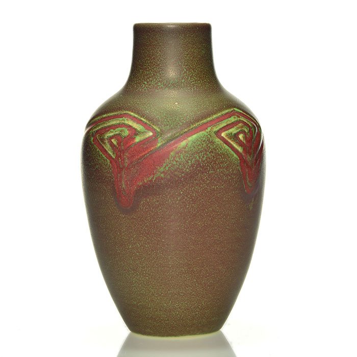 Rookwood geometric Painted Mat, AMV, 1904,6 3/8": Painted Mat vase with incised geometric design covered in red glaze against a brown and green ground, the work of Anna Marie Valentien in 1904. Marks include the Rookwood logo, date, shape 39 EZ, and