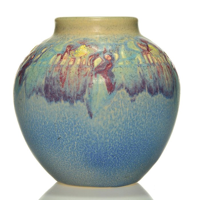 Rookwood carved floral vase, Todd, 1917, 912,5 1/2": Mat glaze vase with light carved and painted floral design at the shoulder, the work of Charles Todd in 1917. Marks include the Rookwood logo, date, shape 912 and Mr. Todd's incised initials. There is