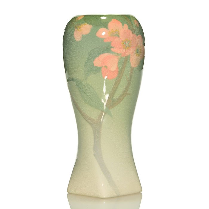 Rookwood Iris vase, Sax, roses, 1901, 817, 7 3/4": Iris glaze vase decorated with pink roses done by Sara Sax in 1901. Marks include the Rookwood logo, date, shape 817, an incised W for White (Iris) glaze and the artist's monogram. There is fine overa
