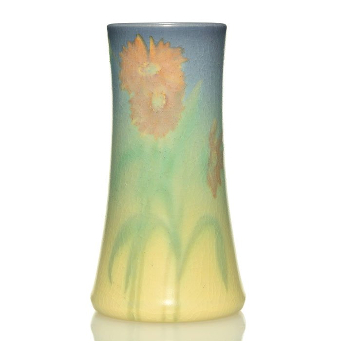 Rookwood vellum vase, P. Conant, 1915, 5 7/8": Vellum glaze vase decorated with Shasta daisies by Patti Conant in 1915. Marks include the Rookwood logo, date, shape 1358 F, an impressed V for Vellum and Ms. Conant's incised monogram. There is fine