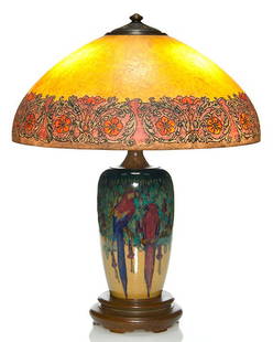 Original Rookwood lamp, Handel fittings, ETH, 9 1/2": Rare and original Rookwood lamp with factory installed Handel fittings and shade. The vase is a nicely crafted, Decorated Porcelain, done by E.T. Hurley in 1925. Pictured are five very colorful macaws