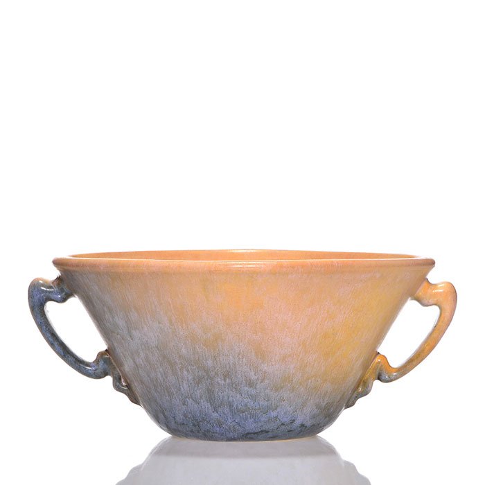 Roseville Earlam bowl, shape 217-4", tan blue: Roseville Earlam bowl, shape 217-4", in tan and blue. Unmarked. There is fine overall crazing. Height is 4 1/8 inches.