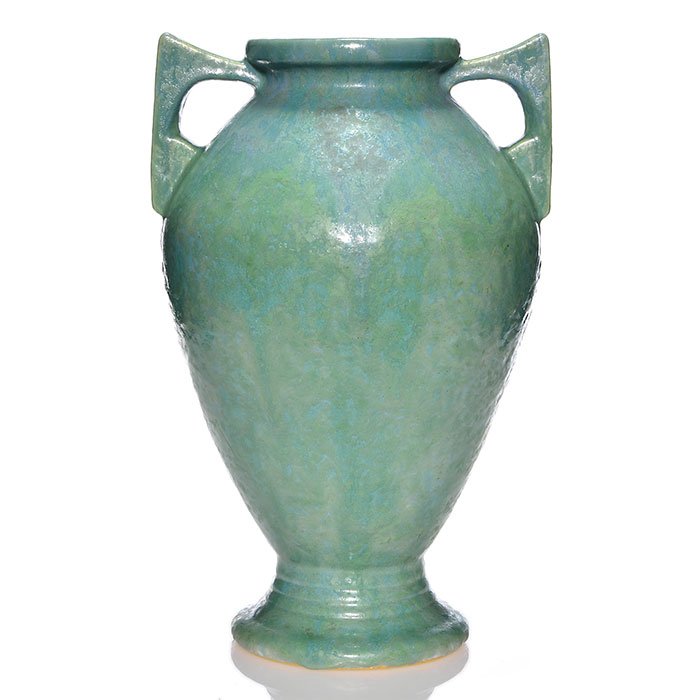 Roseville Carnelian II vase, 15 1/8", green: Rare Roseville Carnelian II vase, shape 339-15, in green. Marked with the shape number in orange crayon. Excellent condition. Height is 15 1/8 inches.