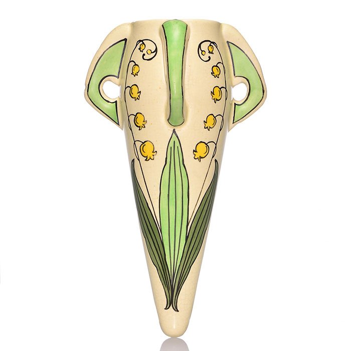Roseville Creamware Persian wall pocket, 10 3/4": Roseville Creamware (Persian) wall pocket with colorful floral design. Unmarked. There is fine overall crazing. Height is 10 3/4 inches.