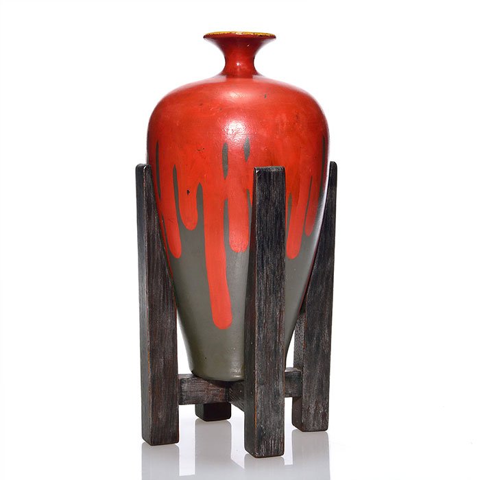 Owens Mission vase, oak stand, shape 305, 11 3/8" (1 of 1)