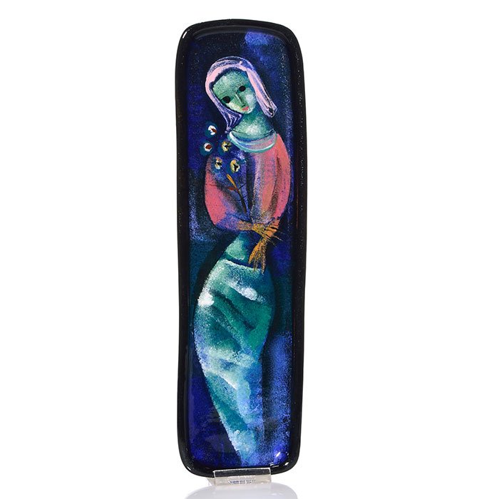 Polia Pillin tray with a woman with flowers, 12 5/8": Polia Pillin high glaze tray decorated with a woman holding flowers. Signed on the bottom Pillin in black slip. There is fine overall crazing. Size is 3 1/2 inches wide by 12 5/8 inches high. Shown on