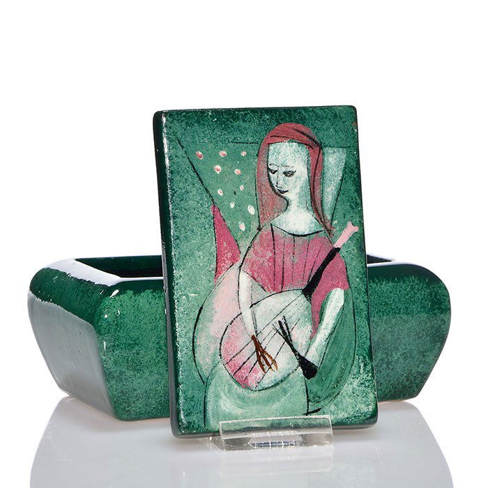 Polia Pillin covered box, woman with lute, 5 1/2" (1 of 1)