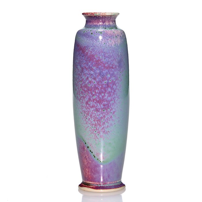 Ruskin high-fired porcelain, red, blue, 1910, 6 1/4": Exotic Ruskin high-fired porcelain vase with colors of mauve, teal, light green and darker green spots done in 1910. Impressed Ruskin Pottery 1910. Height 6 1/4 inches. Excellent condition and amazing