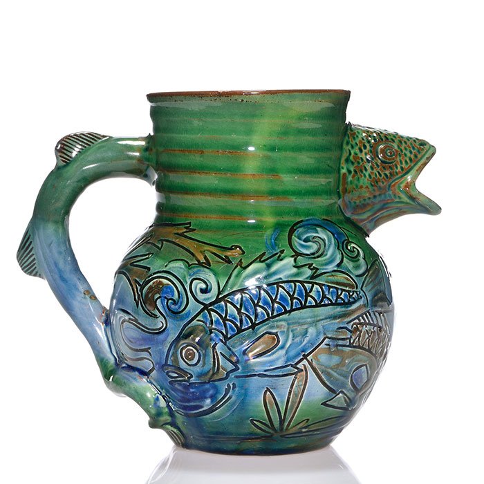 Brannam pitcher, fish handle and spout, 1896, 6" (1 of 2)