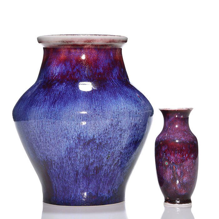 2 Sevres Oxblood vases, reds, blues, 1892, 5", 9" (1 of 6)