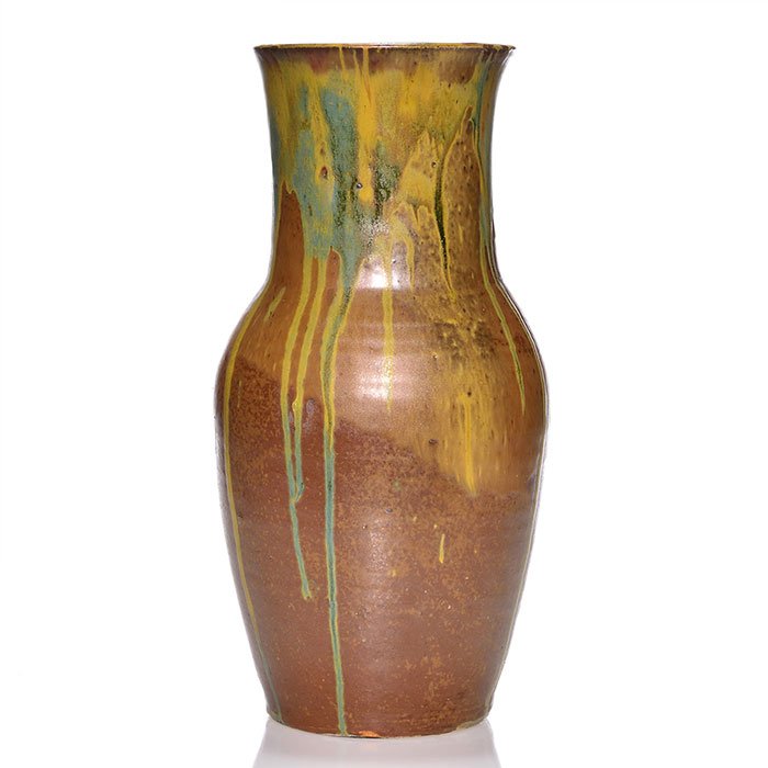 Eugene Lion drip glaze vase, 14, 5/8": Tall Eugene Lion (France 1845-1945) drip glaze vase. Incised LION on the bottom and in excellent condition save for a tiny stilt pull near the base. Height 14 5/8 inches.