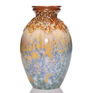 Mougin Freres crystalline glaze vase, 12 1/2": Mougin Freres crystalline glaze vase with crystals on the bottom two thirds of the form and embossed swirls around the neck. Marked Moutin Nancy 308 L on the bottom. Height 12 1/2 inches. Excellent or