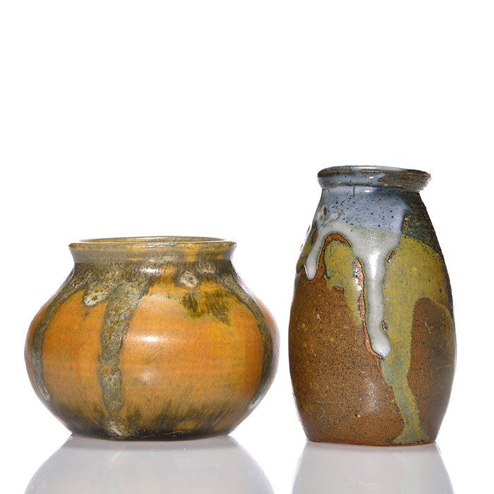 2 Eugene Lion drip glaze vase, 4 and 2 7/8": Two Eugene Lion (France 1845-1945) drip glaze vases including one with his sought after Milk Glaze. Both are incised LION on the bottom and are in excellent condition. Height 4 inches with the smalles