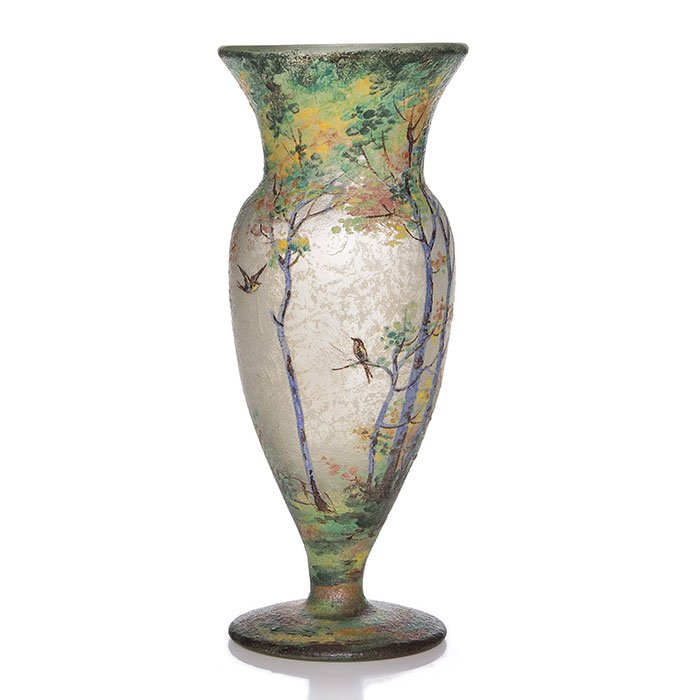 Handel Teroma footed vase, scenic, 11", signed (1 of 2)