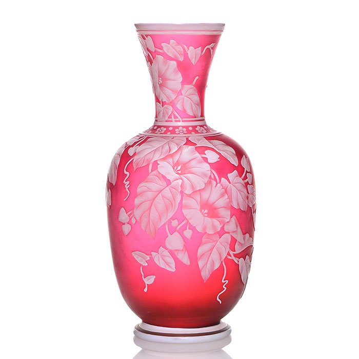 Webb cameo vase, morning glories,butterflies, 8 1/4": Good Thomas Webb & Sons cameo vase on foot with a natural display of morning glories on the vine and the flight of two butterflies on the back. The vase has an added feature, a decorative necklace of