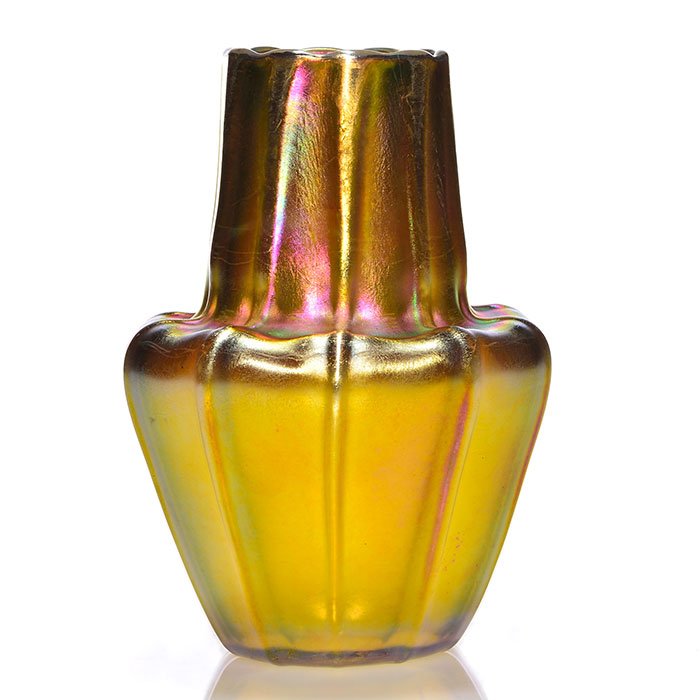 Tiffany gourd vase, gold, ribbed, 6": Nice Tiffany gourd vase in iridescent gold with a nicely ridged body and having bright magenta reflections. Height 6 inches. Engraved "L.C. Tiffany-Favrile, 5431K" beneath. Excellent original conditio