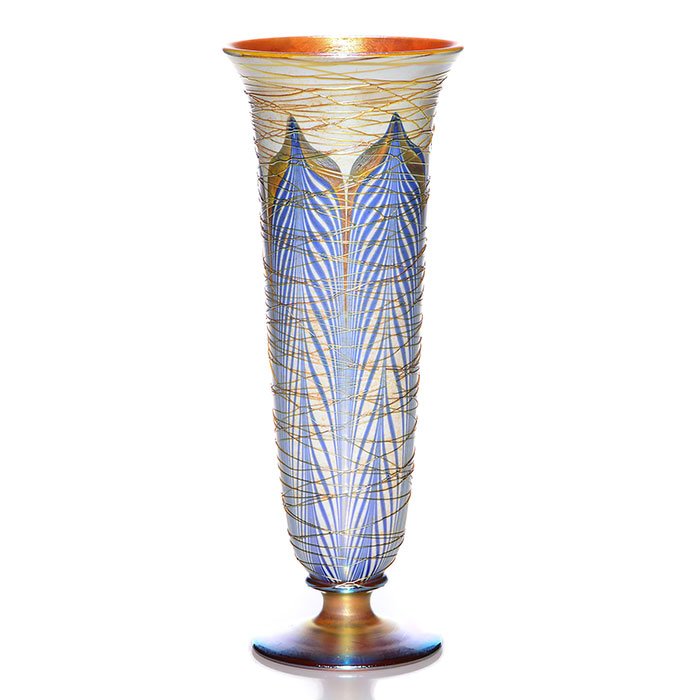 Durand threaded, footed vase, blue feathers, 12 1/2" (1 of 1)