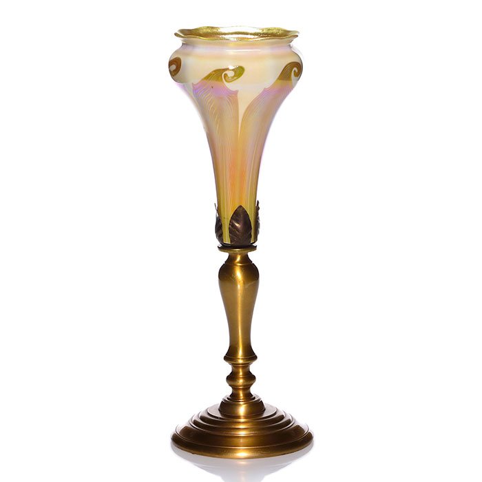 Quezal attributed vase, metal mounts, 13 3/4" (1 of 1)