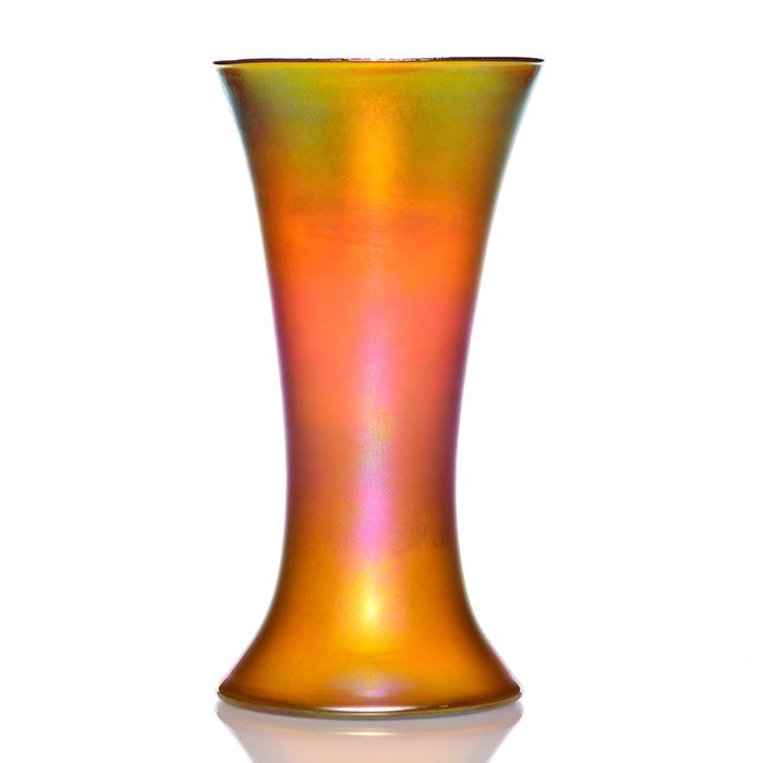 Quezal amber vase, rainbow surface, 10", signed (1 of 2)