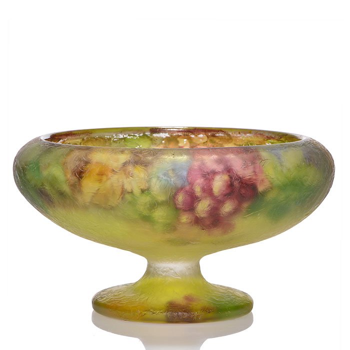 Pairpoint Ambero compote, 4 1/4", J. Parlow: Pairpoint Ambero compote decorated by J. Parlow with red grapes and green foliage inside and having the ‰ÛÏchipped ice‰Û surface outside. The design is also included below the foot and is where