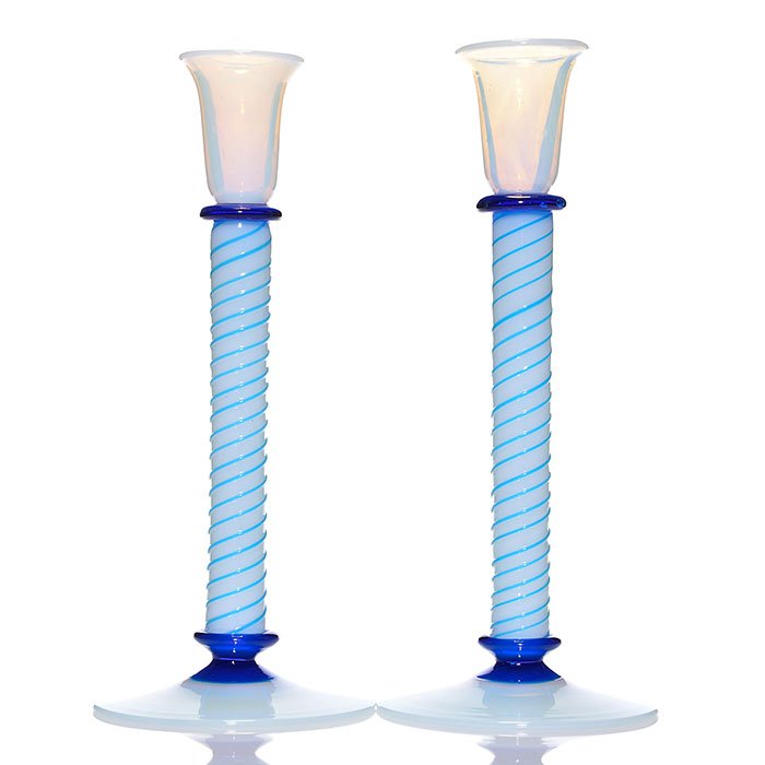 Pr Fry Foval attributed candlesticks, blue, 10 1/2": Pair Fry Foval candlestands in attribution, each with sapphire blue connectors and applied spiraling. Heights are 10 1/2 inches. Decorative set in excellent condition.
