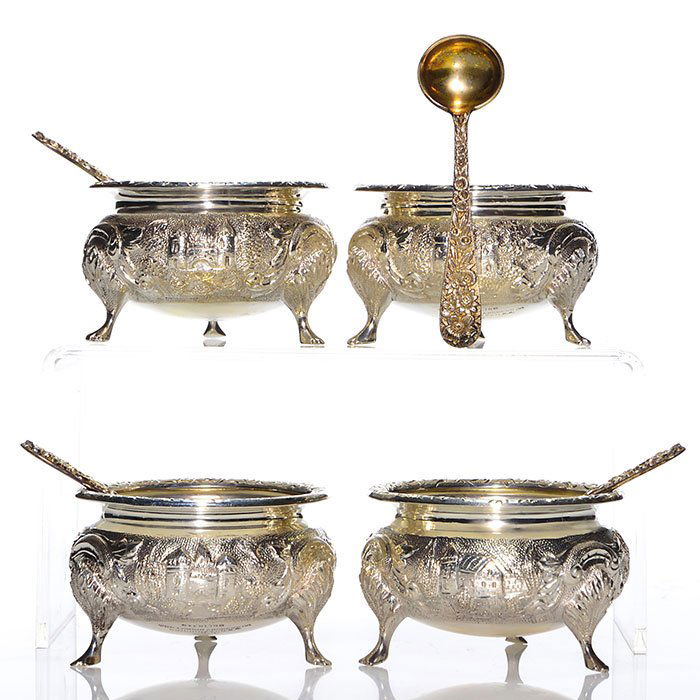 4 Loring Andrews Castle sterling footed salts, spoons (1 of 2)