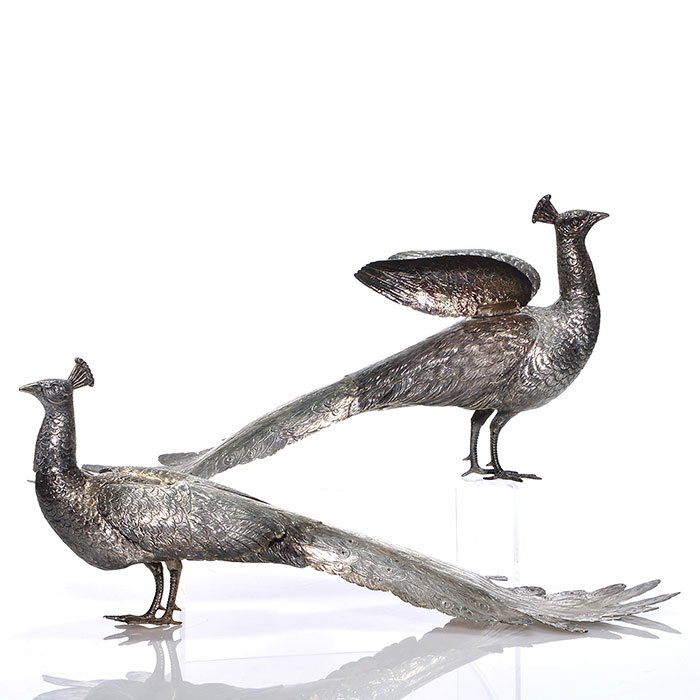 Pr Sterling Peacock figurals, 8" X 22": Magnificent pair of sterling silver peacock figural wine coolers from the estate of Anna Phelps Dodge with well detailed plumage. The pair have reticulated wings, the heads removable revealing hollow 