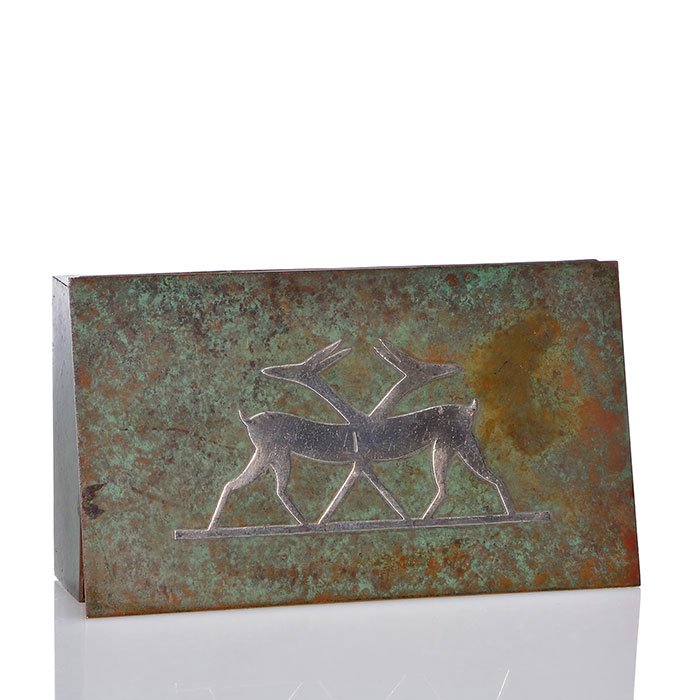 Silvercrest silver overly bronze box, 1 1/2" X 6 1/8": Silvercrest Arts & Crafts bronze box with cut out silver overlay of deer twins applied to the cover. Measures 1 1/2 inches tall by 6 1/8 inches by 3 1/2 inches. Impressed with the circular logo "Silve